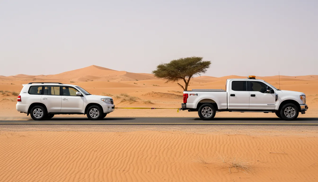 White recovery pickup with an amber beacon towing a white SUV with a yellow strap beside a desert road near Al Qudra