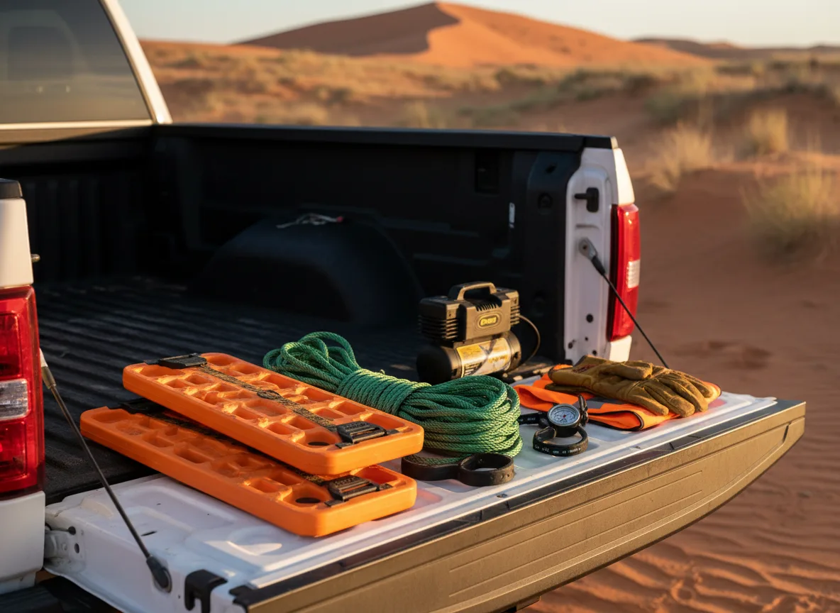 Desert recovery kit on a pickup tailgate: orange traction boards, green kinetic rope, air compressor, tyre deflator and work gloves