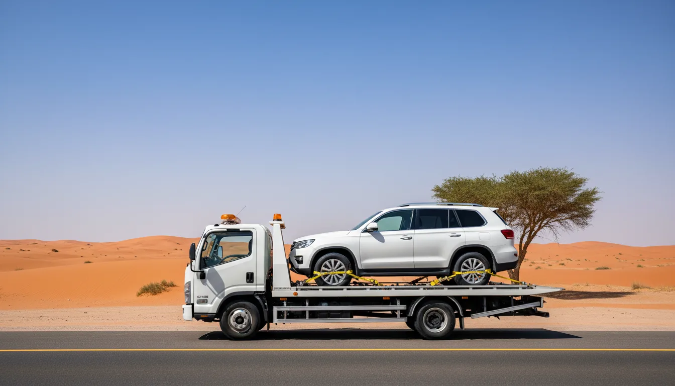 White flatbed recovery truck with an SUV strapped on the tray on a desert highway shoulder