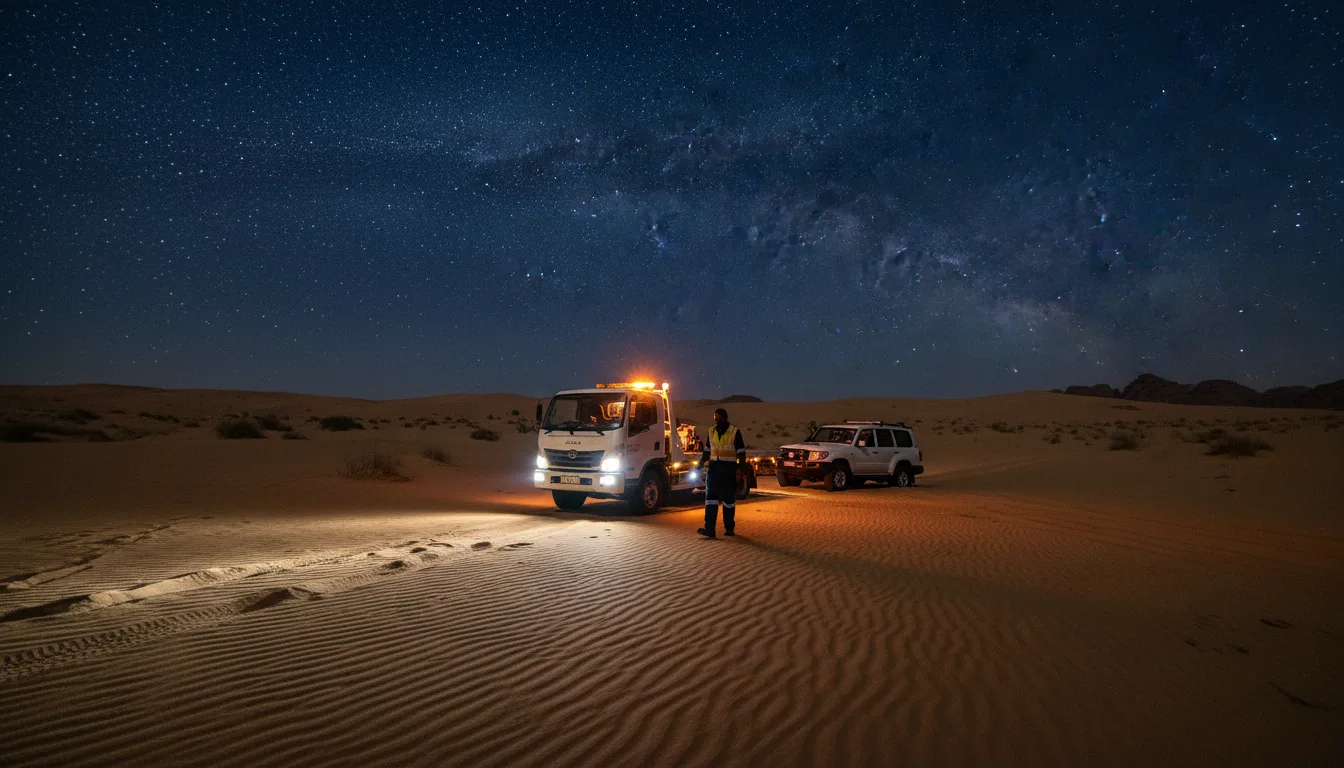 Recovery flatbed with amber beacon and a crew member in hi-vis under the Milky Way in the Dubai desert