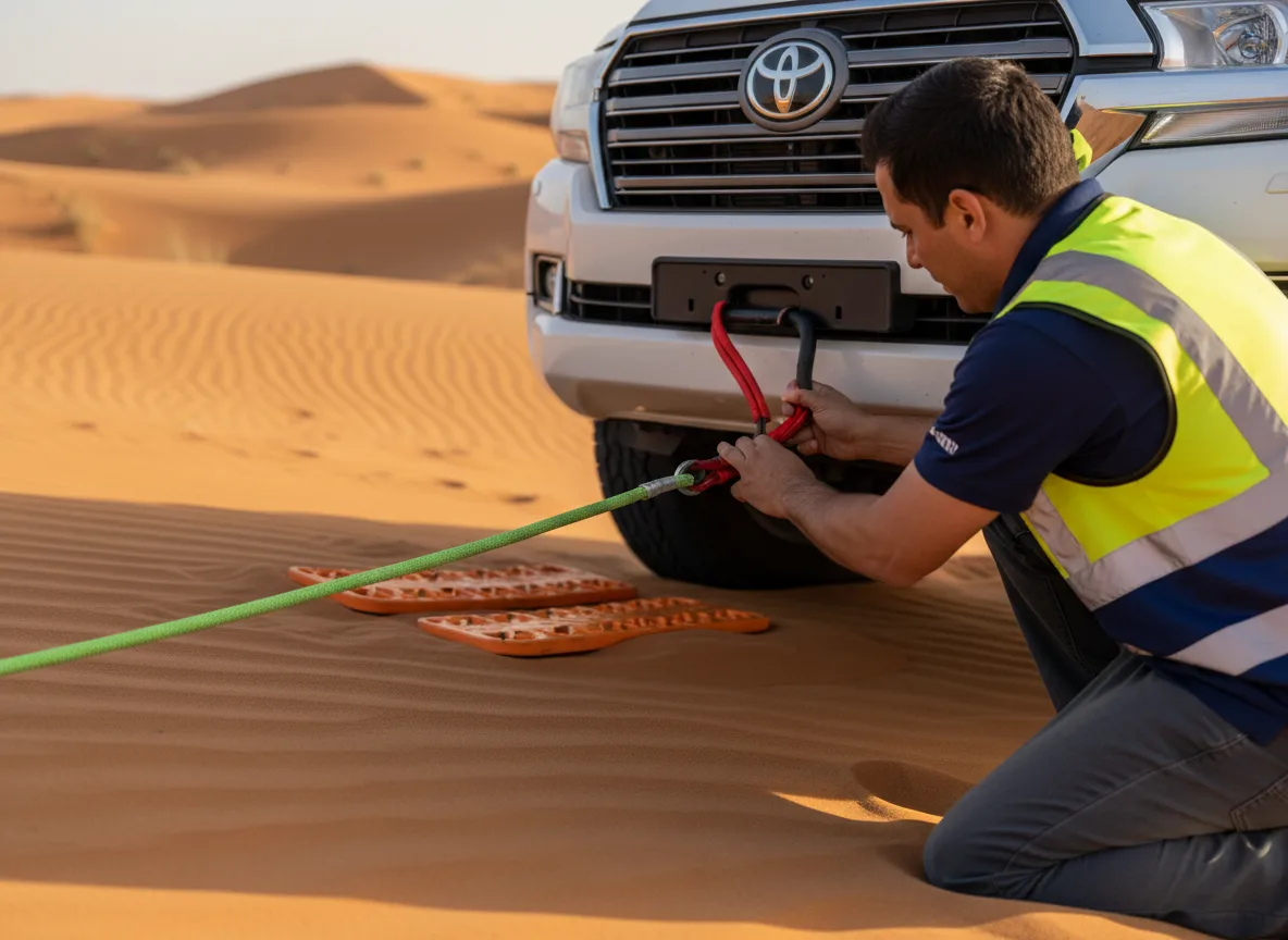 Recovery operator clipping a soft shackle to the front recovery hook of a white SUV stuck in sand